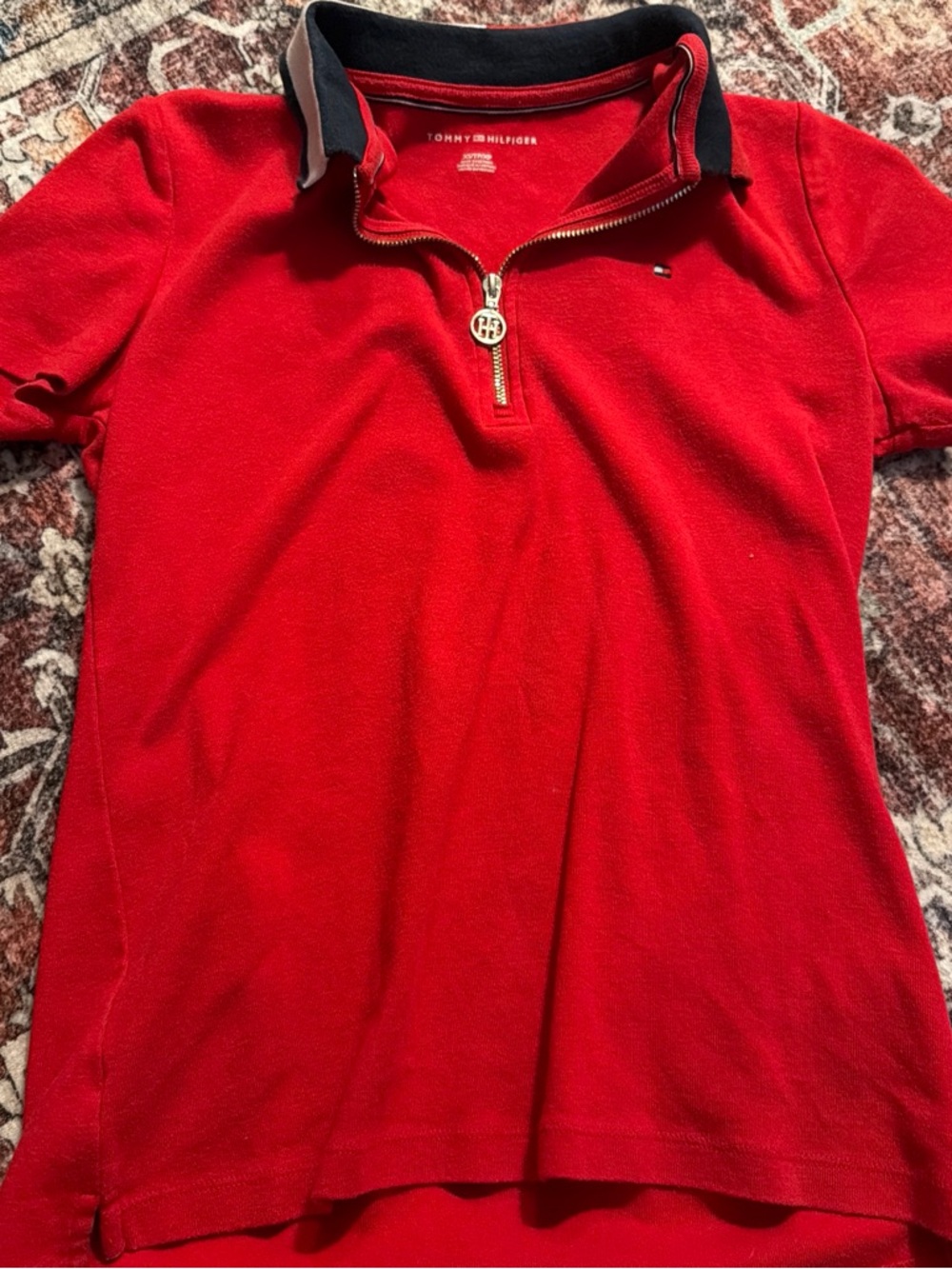 Sexy Tommy Hilfiger Women Red Polo with Navy-Trim Collar and Quarter Zip